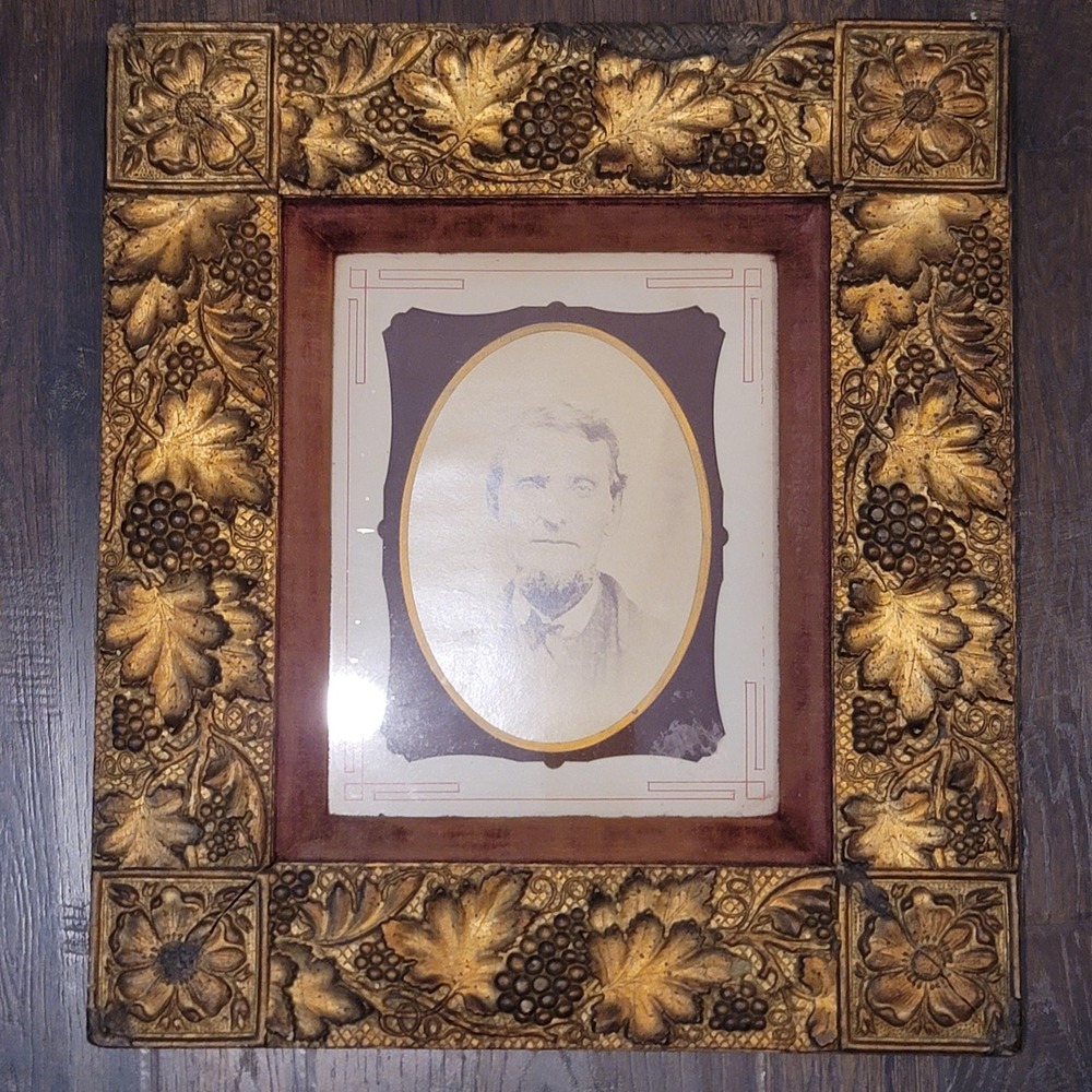 Antique Victorian Men's Portrait in Ornate Wood Frame – Embossed Gold Grapevine